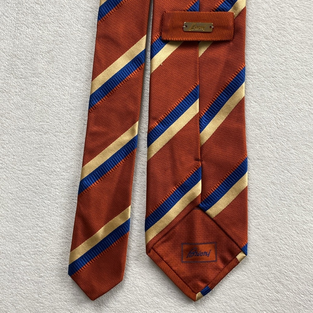 Brioni Diagonal Striped Silk Neck Tie (Orange/Blue/Ivory) - Picture 7 of 14